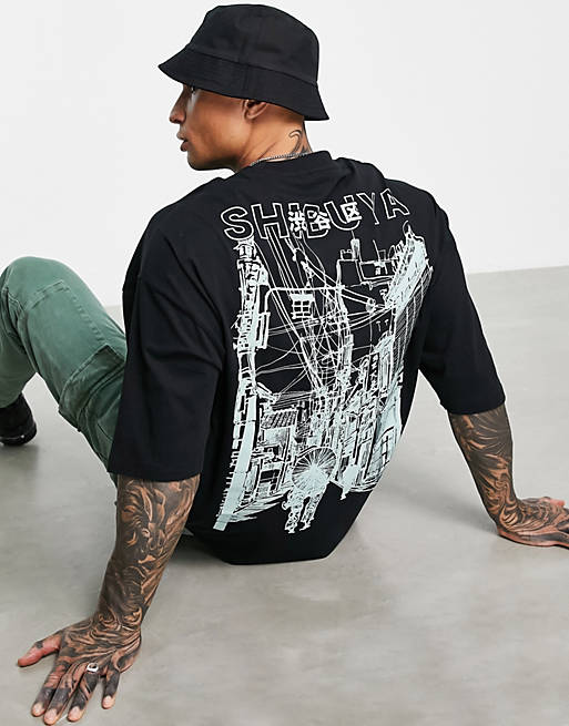 Hombre Other | Camiseta negra extragrande con estampado delineado de ciudad en el pecho y la espalda de ASOS DESIGN - LT75972