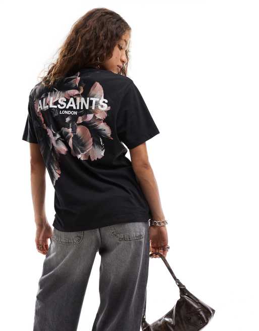 Camiseta negra extragrande con estampado en la espalda Fleurir de AllSaints