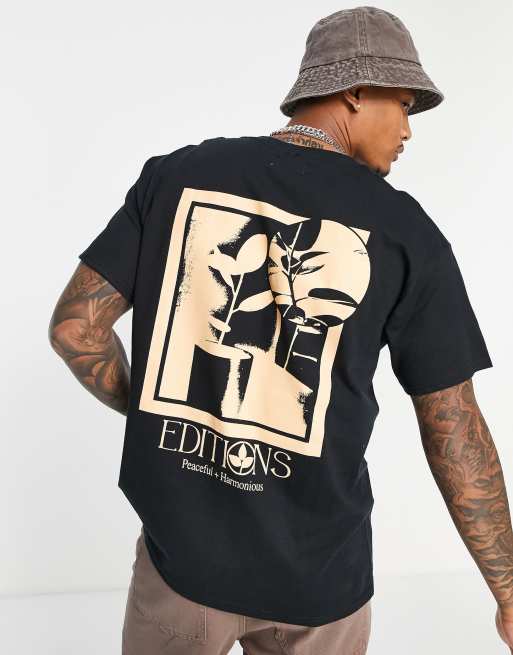 Camiseta negra extragrande con estampado floral Editions de Topman