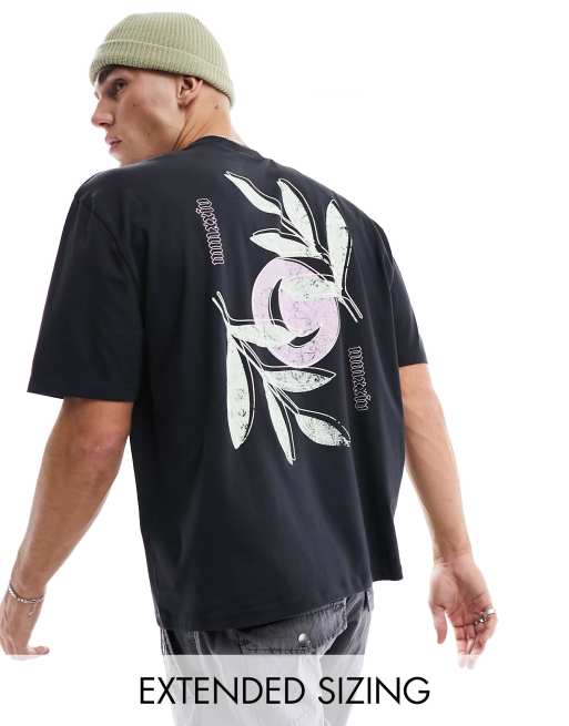 Camiseta negra extragrande con estampado floral en la espalda de ASOS DESIGN