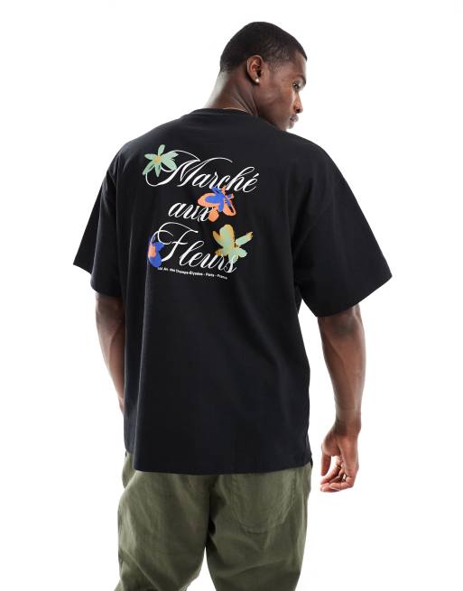 Camiseta negra extragrande con estampado floral en la espalda de tejido grueso de Selected Homme