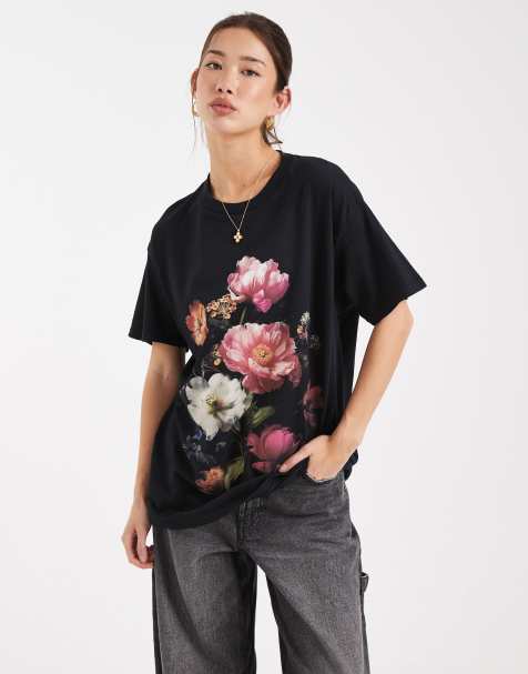 Camiseta negra extragrande con estampado floral fotográfico de Miss Selfridge - view 1