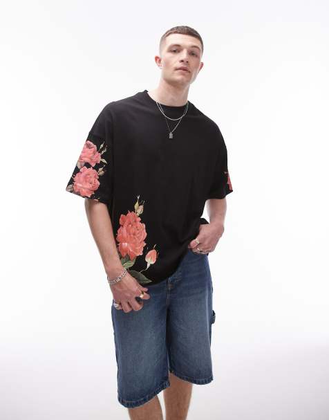 Camiseta negra extragrande con estampado floral premium de Topman - view 1