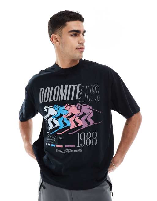 Camiseta negra extragrande con estampado gráfico de esquí de ASOS DESIGN