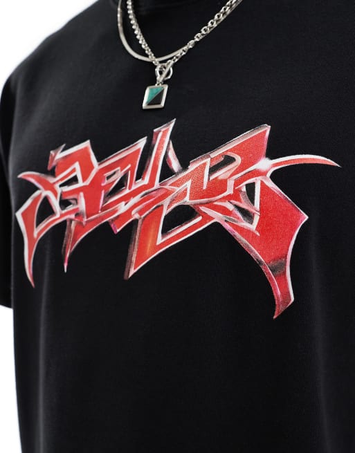 Camiseta negra extragrande con estampado gráfico rojo de Weekday, 2 de 4