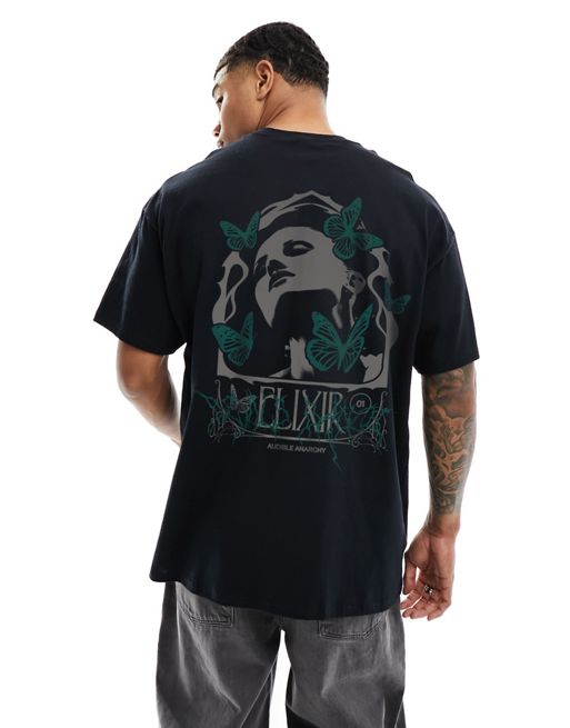 Camiseta negra extragrande con estampado grunge en la espalda de FhyzicsShops DESIGN