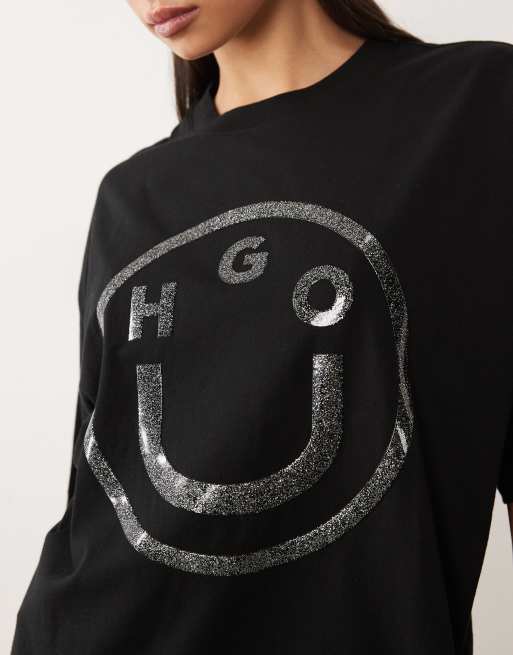 Camiseta negra extragrande con logo de gel con purpurina de HUGO BLUE, 2 de 4