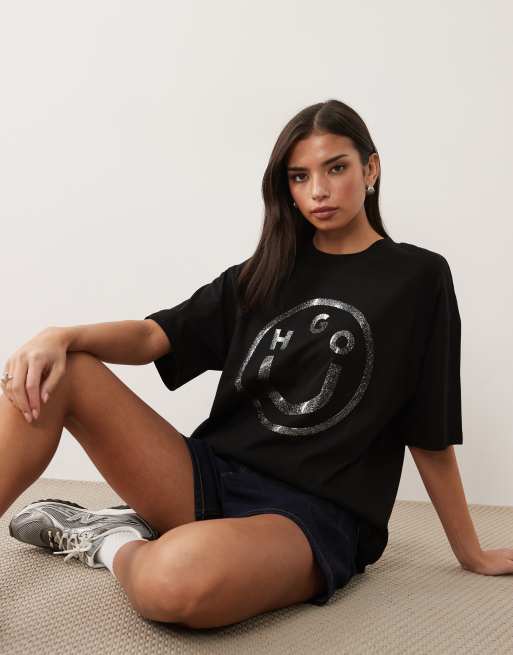 Camiseta negra extragrande con logo de gel con purpurina de HUGO BLUE, 3 de 4