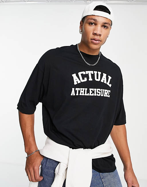 Hombre Other | Camiseta negra extragrande con logo en la parte delantera de ASOS Actual Athleisure - UZ98565