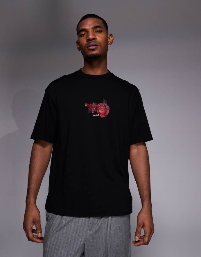 Hugo Red Camiseta negra extragrande con logo estampado de