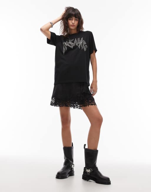 Camiseta negra extragrande con logo y pedrería de AllSaints, 3 de 4