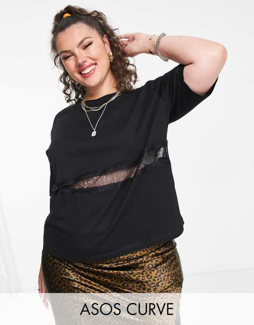 Camiseta negra extragrande con panel de encaje de ASOS DESIGN Curve