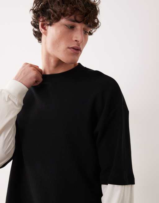 Camiseta negra extragrande de manga larga de punto gofrado de ASOS DESIGN , 2 de 5