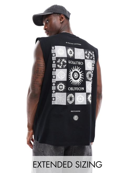 Camiseta negra extragrande sin mangas con estampado cósmico en la espalda de FhyzicsShops DESIGN