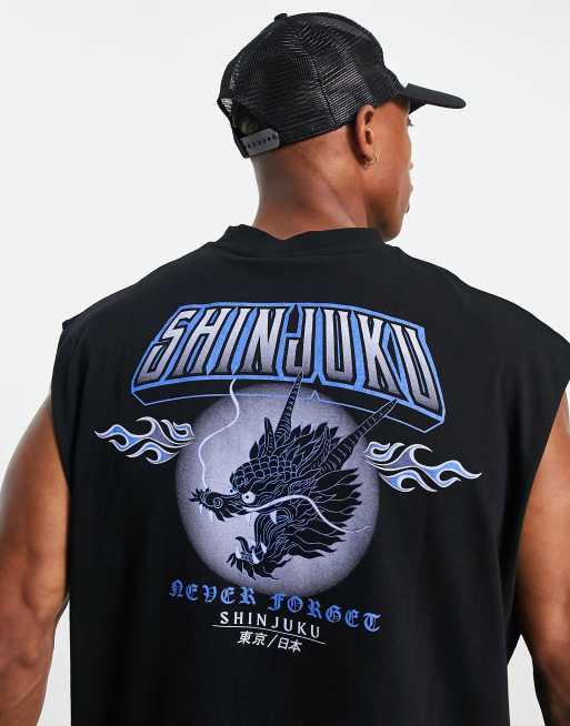 Camiseta negra extragrande sin mangas con estampado de banda y llamas en la parte delantera y trasera de ASOS DESIGN