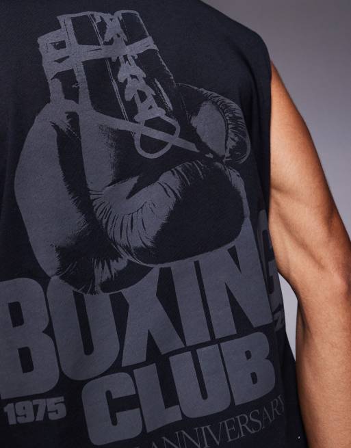 Camiseta negra extragrande sin mangas con estampado de boxeo en la espalda de tejido de secado rápido grueso de algodón de 4505, 2 de 4