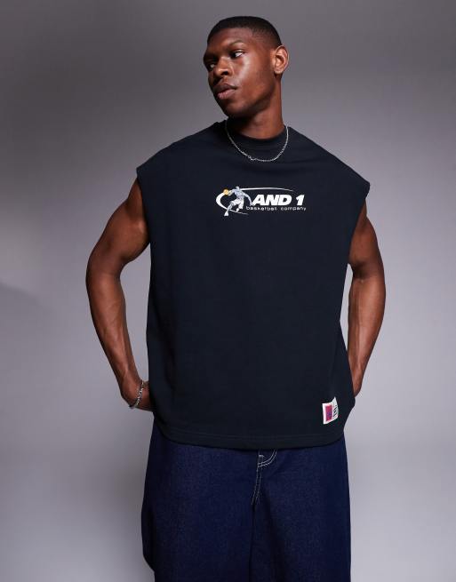 Camiseta negra extragrande sin mangas con estampado deportivo en la espalda de AND1, 3 de 4