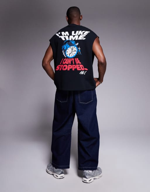 Camiseta negra extragrande sin mangas con estampado deportivo en