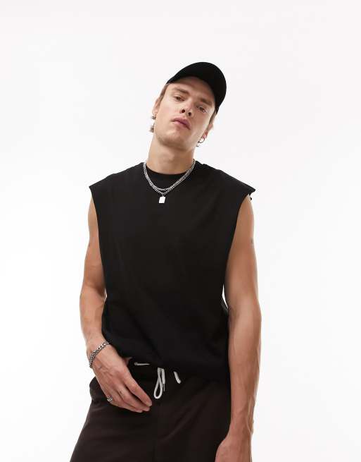 Camiseta negra extragrande sin mangas de Topman