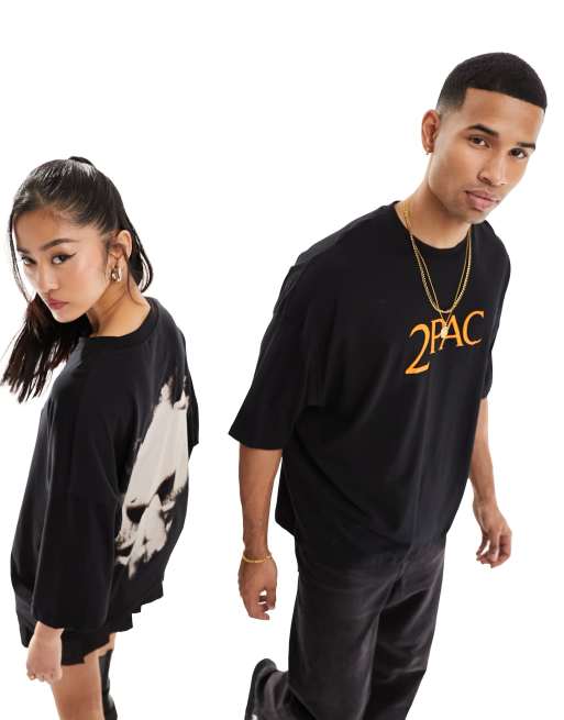 Camiseta negra extragrande unisex con estampado gráfico con licencia de rostro de Tupac de ASOS DESIGN, 3 de 4
