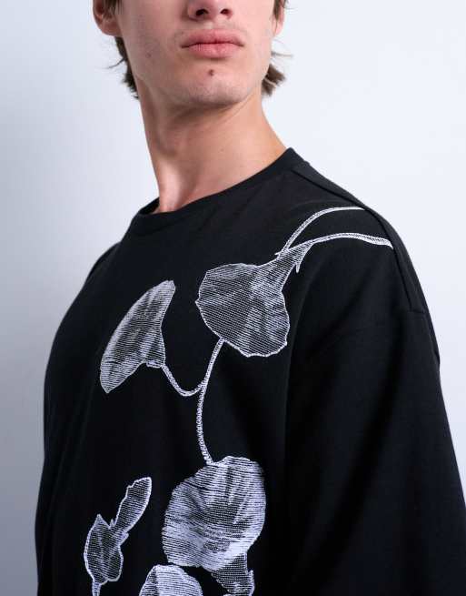 Camiseta negra holgada con bordado de flores de punto interlock de Topman, 2 de 5