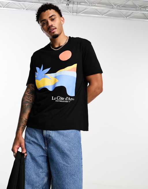 Camiseta negra holgada con estampado de atardecer abstracto en la espalda de ASOS DESIGN, 2 de 4