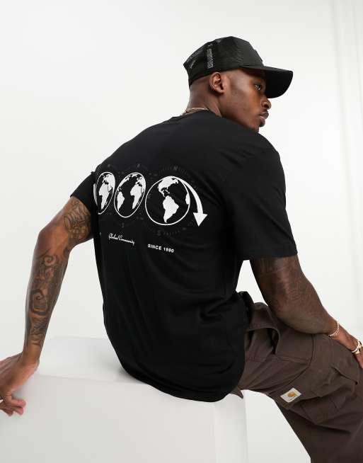 Camiseta negra holgada con estampado de globo terráqueo en la espalda de Jack & Jones Originals 
