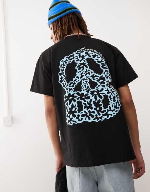 Camiseta negra holgada con estampado gráfico de símbolo de la paz en la espalda Trooper de Dr Denim