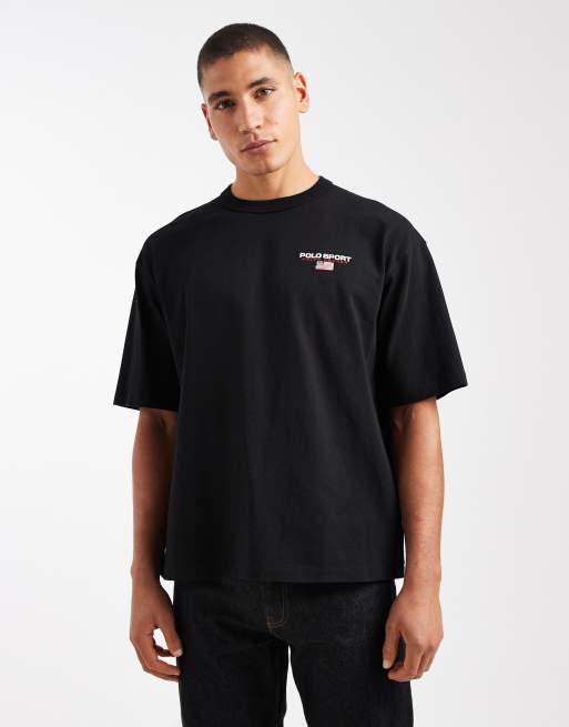 Camiseta negra holgada con logo de bandera pequeña de tejido grueso de la colección cápsula Sport de Polo Ralph Lauren