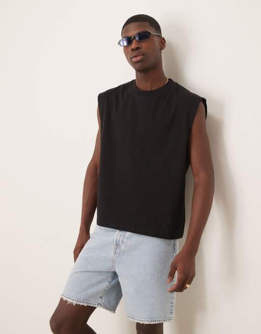 Camiseta negra holgada sin mangas de corte cuadrado de tejido grueso de 240 g/m2 de ASOS DESIGN