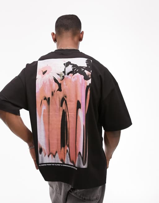 Camiseta negra muy extragrande con estampado de recuadro de flores difuminadas en el pecho y la espalda de Topman
