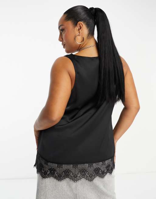 Camiseta negra sin mangas con bajo de encaje de River Island Plus, 3 de 4