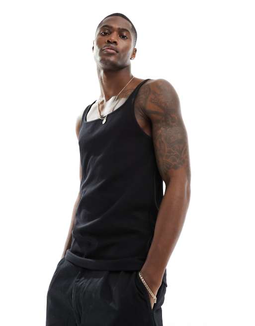 Camiseta negra sin mangas con cuello cuadrado de canalé de ASOS DESIGN