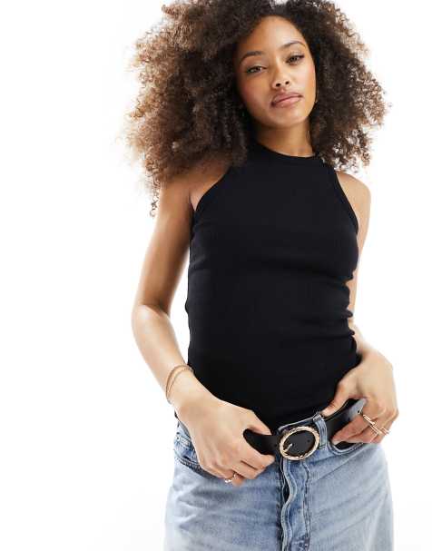 Camiseta negra sin mangas con cuello de nadadora de canalé de JJXX - view 1