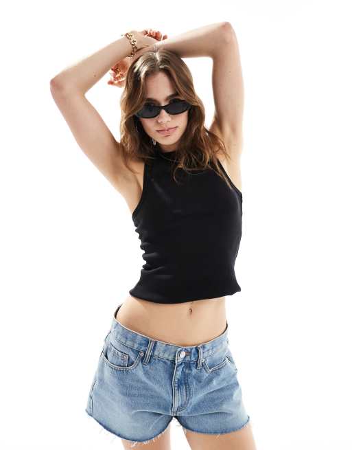 Camiseta negra sin mangas con cuello de nadadora de New Look 