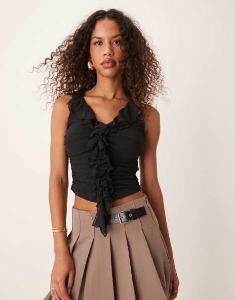 Camiseta negra sin mangas con volantes de malla de New Look - view 1
