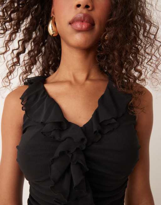 Camiseta negra sin mangas con volantes de malla de New Look, 3 de 4