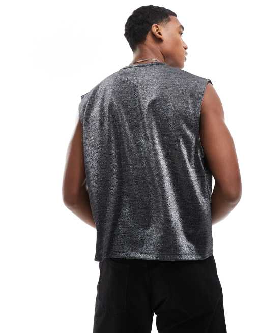 Camiseta negra sin mangas de corte cuadrado extragrande con acabado de purpurina de ASOS DESIGN, 3 de 4