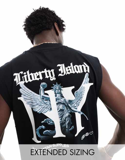 Camiseta negra sin mangas extragrande con estampado 