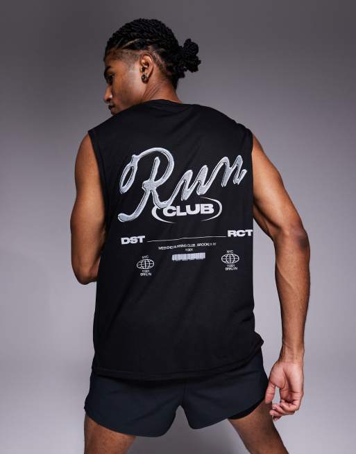 Camiseta negra sin mangas para correr de corte cuadrado con estampado en la espalda de malla Run Club de 4505