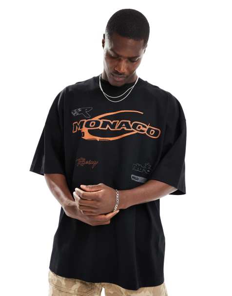 Camiseta negra ultragrande con estampado "Monaco" en el pecho de ASOS DESIGN - view 1