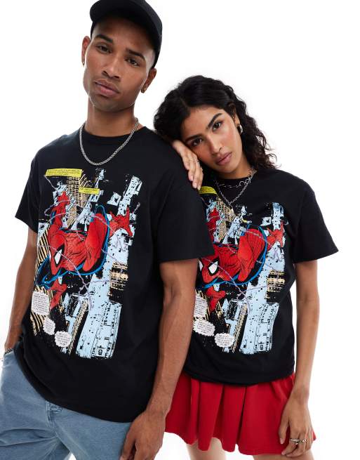 Camiseta negra unisex con estampado gráfico delantero de Spiderman de Marvel en el pecho de ASOS DESIGN