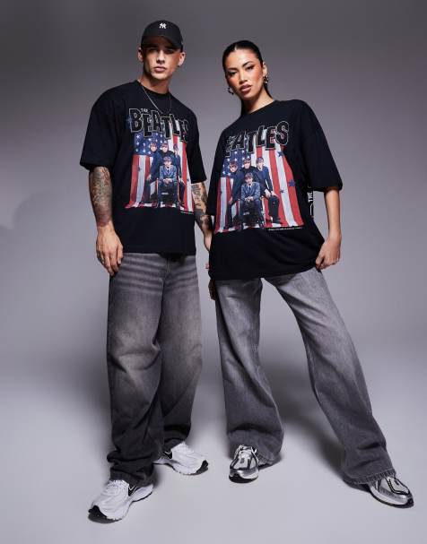 Camiseta negra unisex extragrande con estampado con licencia de "The Beatles USA Tour" de ASOS DESIGN - view 1