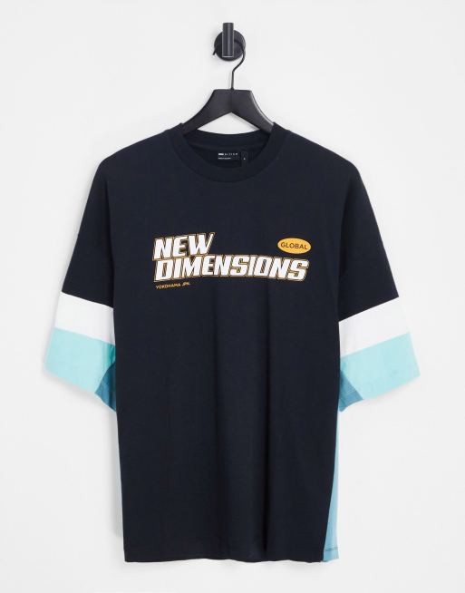 Camiseta negra y azul extragrande con diseño color block y texto estampado de ASOS DESIGN