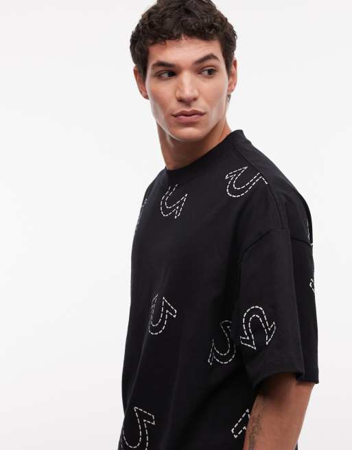 Camiseta negro azabache extragrande con logo estampado de True Religion, 4 de 5