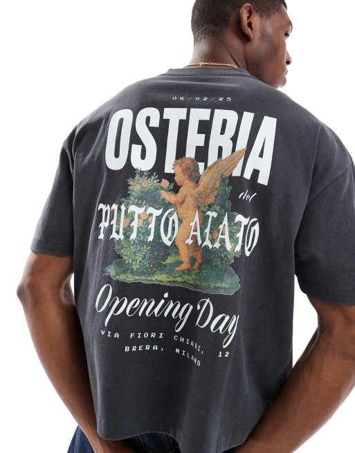 Camiseta negro lavado de corte cuadrado extragrande con estampado gráfico de querubín de tejido grueso de 220 g/m² de ASOS DESIGN
