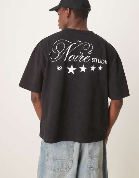 Camiseta negro lavado de corte cuadrado extragrande con estampado gráfico de texto de tejido grueso de 220 g/m² de ASOS DESIGN - view 1
