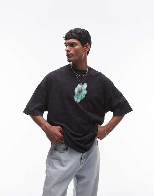 Camiseta negro lavado extragrande con estampado floral difuminado en la parte delantera y trasera de Topman