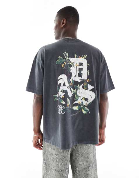 Camiseta negro lavado extragrande con estampado gráfico de flores y texto de tejido grueso de ASOS DESIGN - view 1