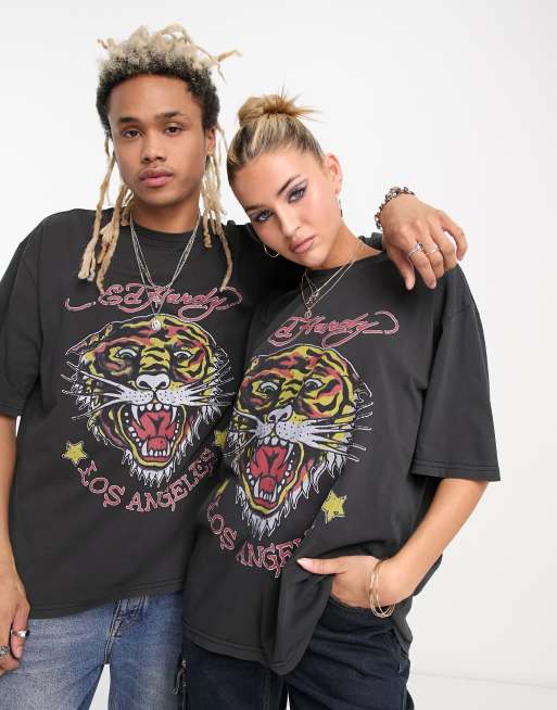 Camiseta negro lavado unisex con estampado gráfico de tigre y texto "Los Angeles" de Ed Hardy | ASOS